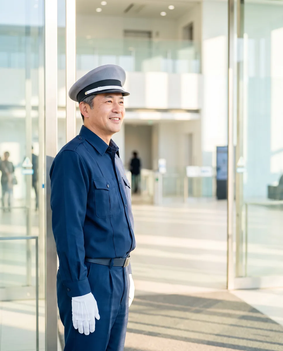 施設の入口に立つ警備員